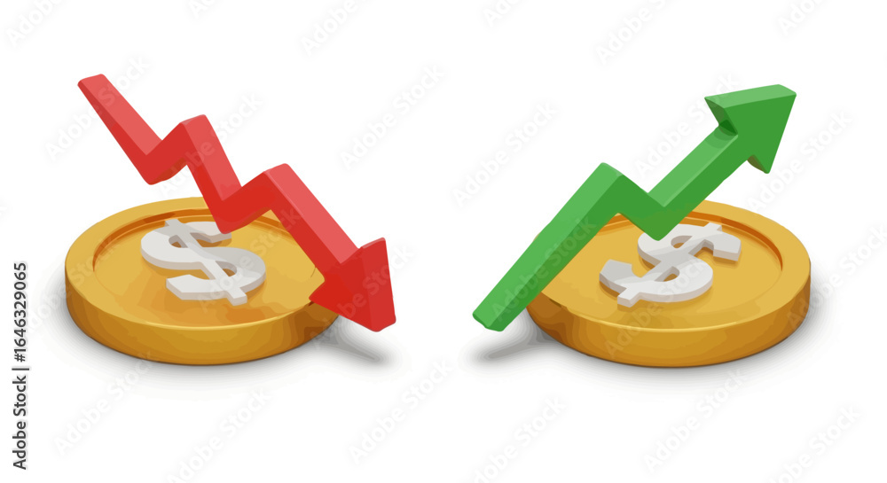 Two arrows indicating financial growth and decline, placed on gold coins symbolizing investment and market trends Two arrows indicating financial growth and decline, placed on gold coins symbolizing investment and market trends