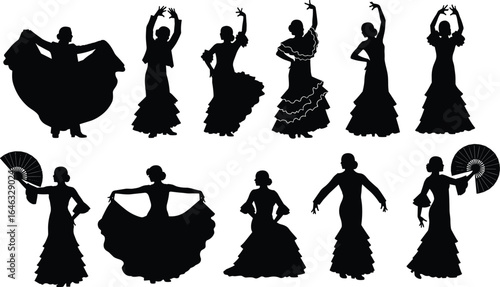 Silhouettes of flamenco dancers in traditional ruffled dresses with fans, expressive poses, elegant Spanish dance movements, vector illustration set