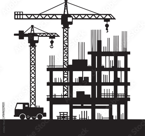 Black silhouette of construction site with cranes and building structure tower crane truck