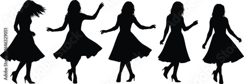 Silhouettes of five stylish women in high heels and dresses, captured in dynamic dance poses expressing elegance and movement