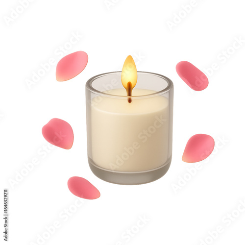 Burning candle in glass with pink petals isolated on transparent background