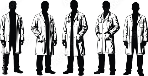 Silhouettes of medical professionals in lab coats, doctors and healthcare workers with stethoscopes, standing poses, black and white vector illustration