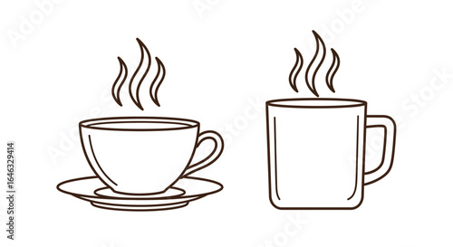 Simple line art illustration of two steaming cups, a classic teacup on a saucer and a modern mug, perfect for hot beverages.