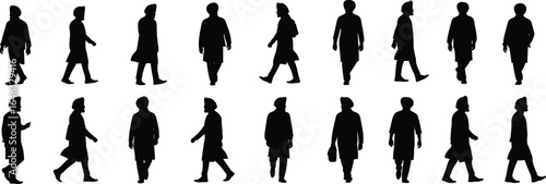 Silhouettes of people walking in various postures and angles, long coats and bags, dynamic movement study, vector illustration set