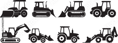 Collection of black silhouette construction and agricultural vehicles bulldozer excavator