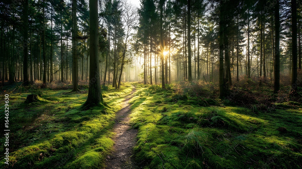 Fototapeta premium Sunlight streams through a tranquil forest path covered in moss.