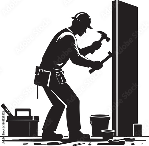 Silhouette of construction worker with hard hat and tool belt hammering a wall vector