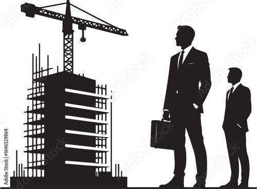 Two businessmen in suits observe a construction site with a crane and unfinished building architecture