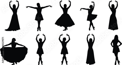 Silhouettes of ten female dancers in diverse elegant poses and flowing dresses, showcasing expressive movement and graceful choreography