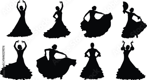 Silhouettes of traditional dancers in flowing dresses and expressive poses, flamenco-inspired movements, isolated on white background for cultural illustration
