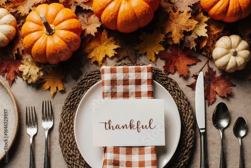 Elegant Thanksgiving table setting with pumpkins, autumn leaves, cutlery, and a thankful note on a checkered cloth napkin