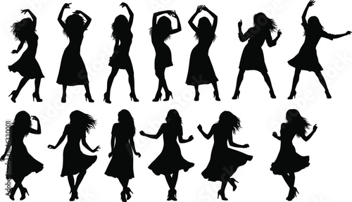 Silhouettes of women dancing in stylish poses, wearing dresses and heels, expressive movement captured in black vector illustration set