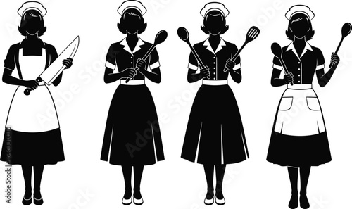 Vintage maid silhouette set, women with kitchen utensils, cooking theme, apron and uniform, spoon knife spatula, retro vector illustration