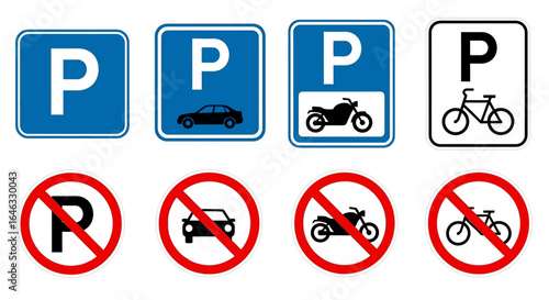 Vector collection of road signs for parking and no parking zones. Icon set for cars, motorcycles, and bicycles on a white background.