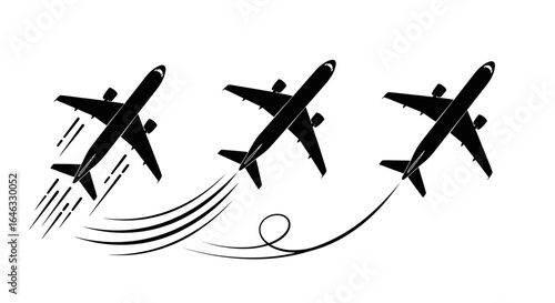 Set of black airplane silhouettes depicting takeoff and flight trajectory. Dynamic aviation icons for travel and transport concepts in a minimalist vector design.