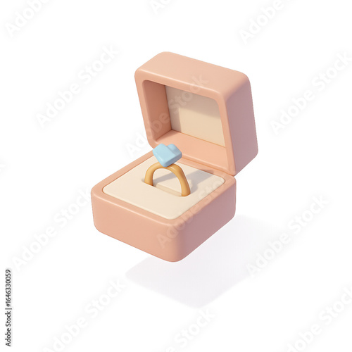 3d illustration of a pink ring box with a golden ring and a blue gem isolated on transparent background