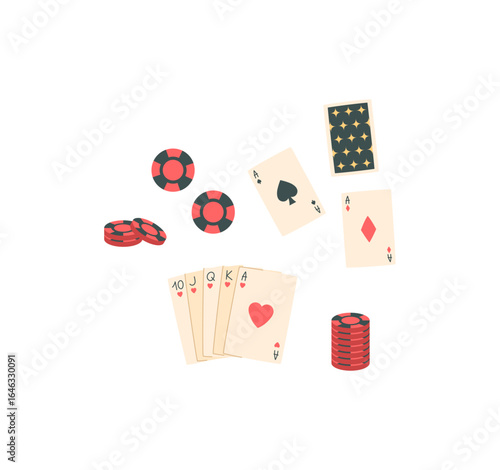 Flat poker sticker with cards, casino chips, and table elements. Boardgame recreation with money and playing strategy focus. Simple graphic for entertainment leisure concepts.