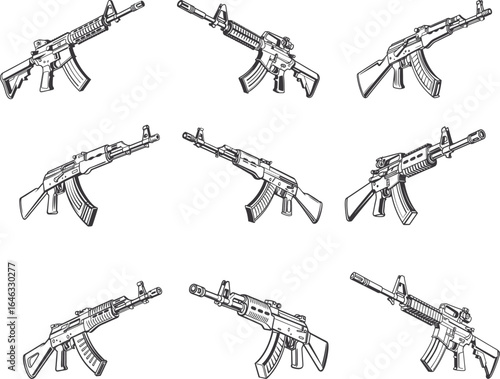 Black and White Assault Rifle Silhouette Illustration set