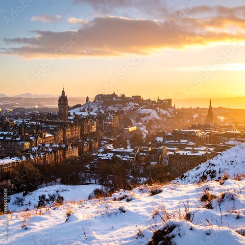 Snowy cityscape at sunset