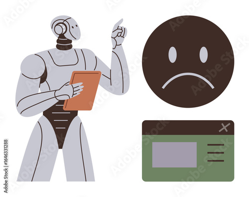 Humanoid robot holding clipboard analyzing sad face icon and error window for technology issue. Ideal for artificial intelligence, troubleshooting, robotics, problem solving, system error, emotive