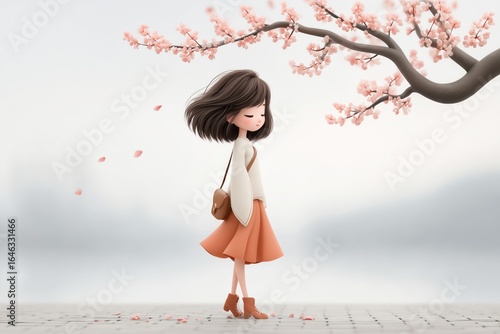 Young girl with brown hair wearing a white sweater and orange skirt stands beneath a cherry blossom tree, surrounded by falling petals, evoking a serene spring atmosphere