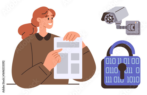 Woman holding and pointing to a document, security camera monitoring surroundings, digital binary-coded lock. Ideal for cybersecurity, privacy, monitoring, data protection, compliance, risk