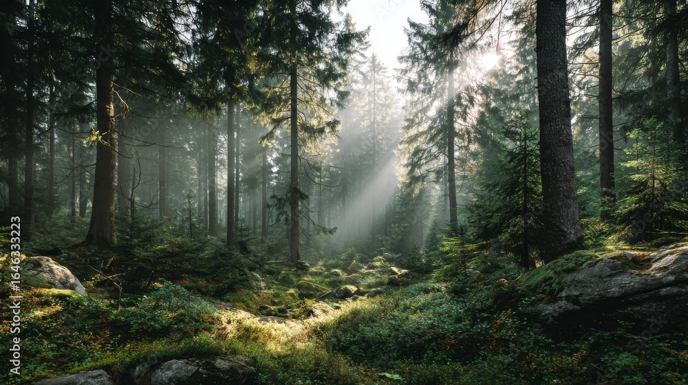Obraz premium Sunlit Canopy: Majestic trees reach towards the sky, dappled with sunlight filtering through the canopy. Lush greenery carpet the forest floor, with fog creating a mystical atmosphere.