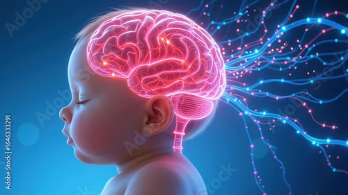 Baby brain development concept with neural connections and glowing synapses illustration.