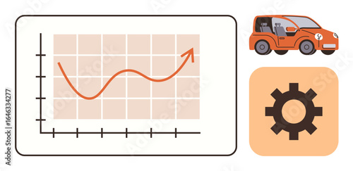 Graph with upward trend, orange car, and gear icon symbolizing growth, efficiency, and technological improvement. Ideal for data analysis, transportation, automotive industry, innovation progress