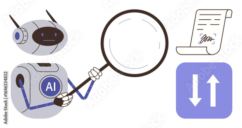 Robotic AI character examines signed document with magnifying glass next to data arrows icon. Ideal for innovation, automation, machine learning, data integrity, contract review, legal tech