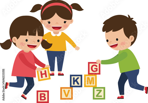 Children playing with colorful alphabet blocks happy kids learning and having fun indoors educational activity with letters