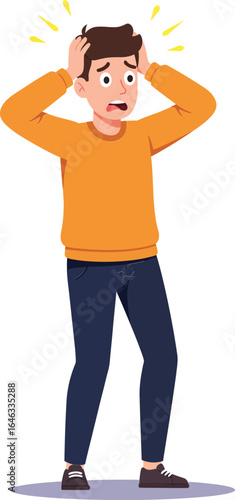 Stressed young man holding head in panic and anxiety expressing worry and fear vector illustration