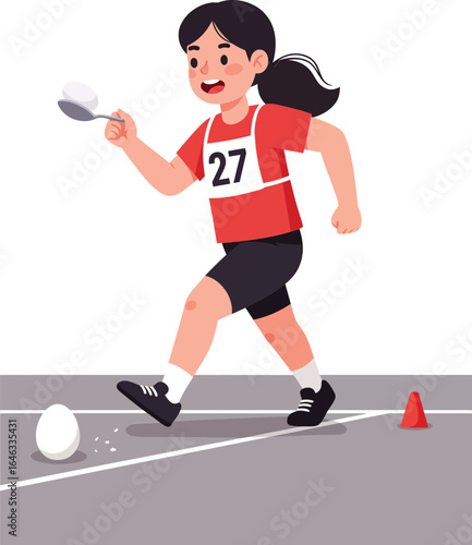Girl running in relay race with baton on track wearing red shirt and black shorts sports competition vector illustration