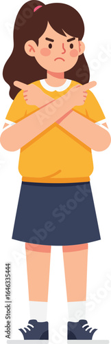 Angry girl crossing arms in yellow shirt and navy skirt standing isolated vector character illustration