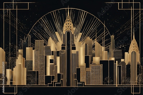 Art deco skyline with golden geometric lines and lights