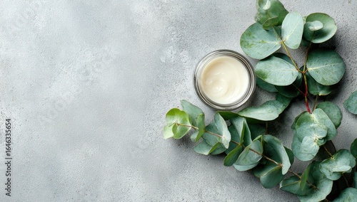Off-white cream in a glass jar sits on a gray textured surface, adorned with eucalyptus sprigs