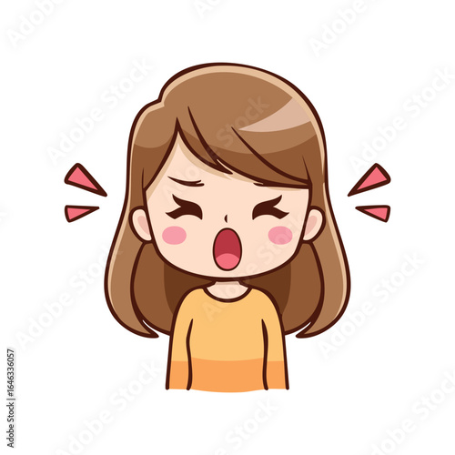 A cartoon character of a woman with an expression of surprise and shock. The illustration highlights strong emotions with vibrant colors and dynamic pose.