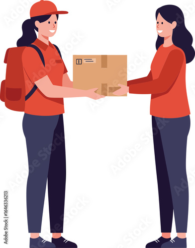 Two women exchanging package in delivery service concept with casual clothing and backpacks vector illustration