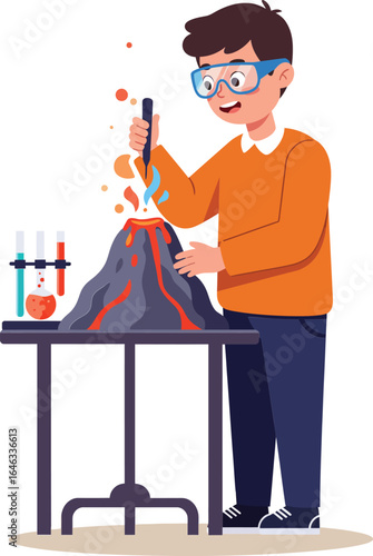 Boy conducting science experiment with erupting volcano model and test tubes in laboratory setting