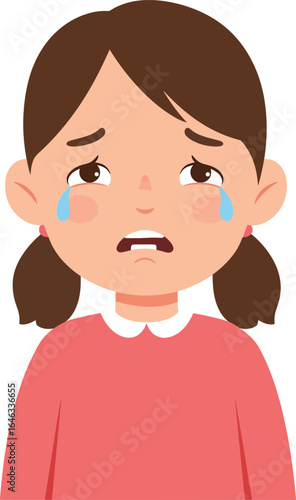 Crying girl with brown hair and pink sweater emotional expression vector illustration