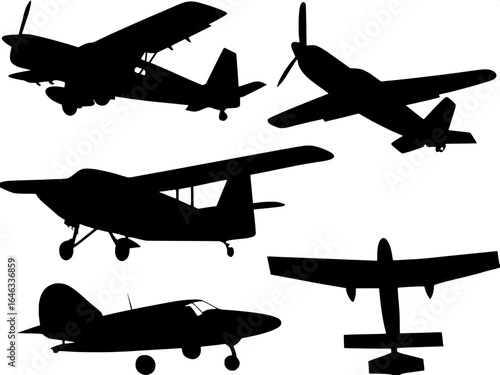 "Collection of airplane silhouettes in a vector graphic, including ultralight aircraft, fighter jets, and passenger planes, solid black on a clean white background."