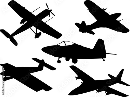 "Collection of airplane silhouettes in a vector graphic, including ultralight aircraft, fighter jets, and passenger planes, solid black on a clean white background."