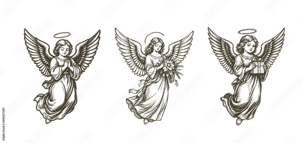 Fototapeta premium Vintage Angel Sketch Vector Set Engraving Retro Card Print