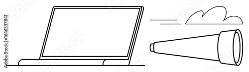 Open laptop with spyglass pointing forward, suggesting exploration and discovery. Ideal for research, online search, knowledge seeking, investigation, technology, innovation, simple flat metaphor