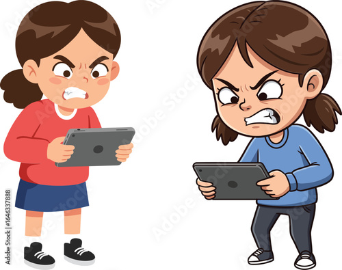 Angry kids playing video games on tablets with intense expressions and competitive mood in casual clothes