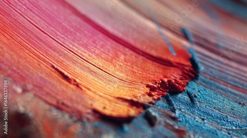 Thick vibrant brushstrokes of red, orange, and blue paint create a dynamic and textured abstract painting, capturing the essence of artistic expression