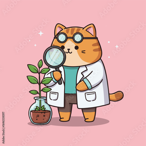 An adorable cat scientist in a lab coat and glasses examines a plant sprout with a magnifying glass.