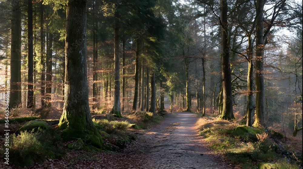 Obraz premium Sun-drenched path winding through a dense forest.