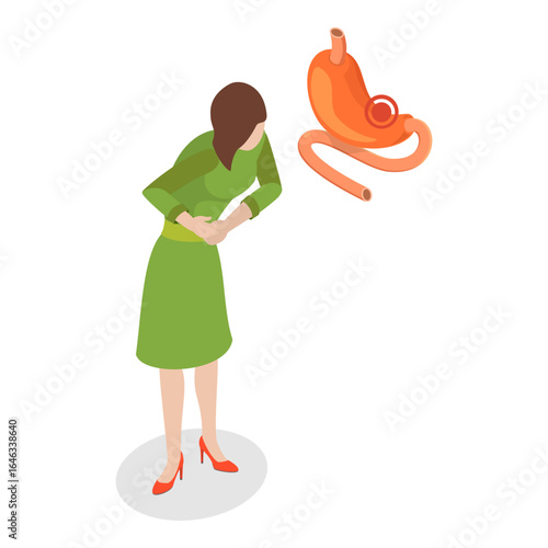 3D Isometric Flat Vector Illustration of Digestive Problem, Ill Individual Discharging Stomach Contents. Item 1
