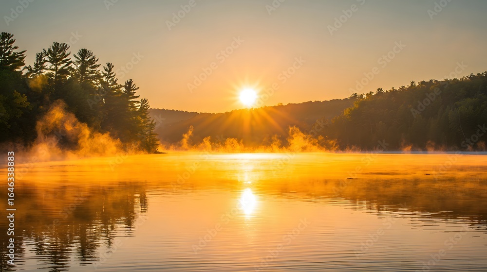 Fototapeta premium Golden sunrise over a tranquil lake shrouded in morning mist.